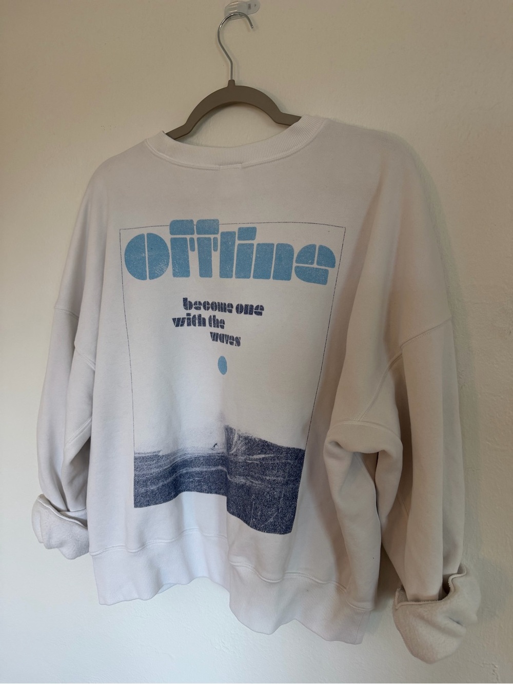aerie White Crew Sweatshirt with Blue Graphic "offline"